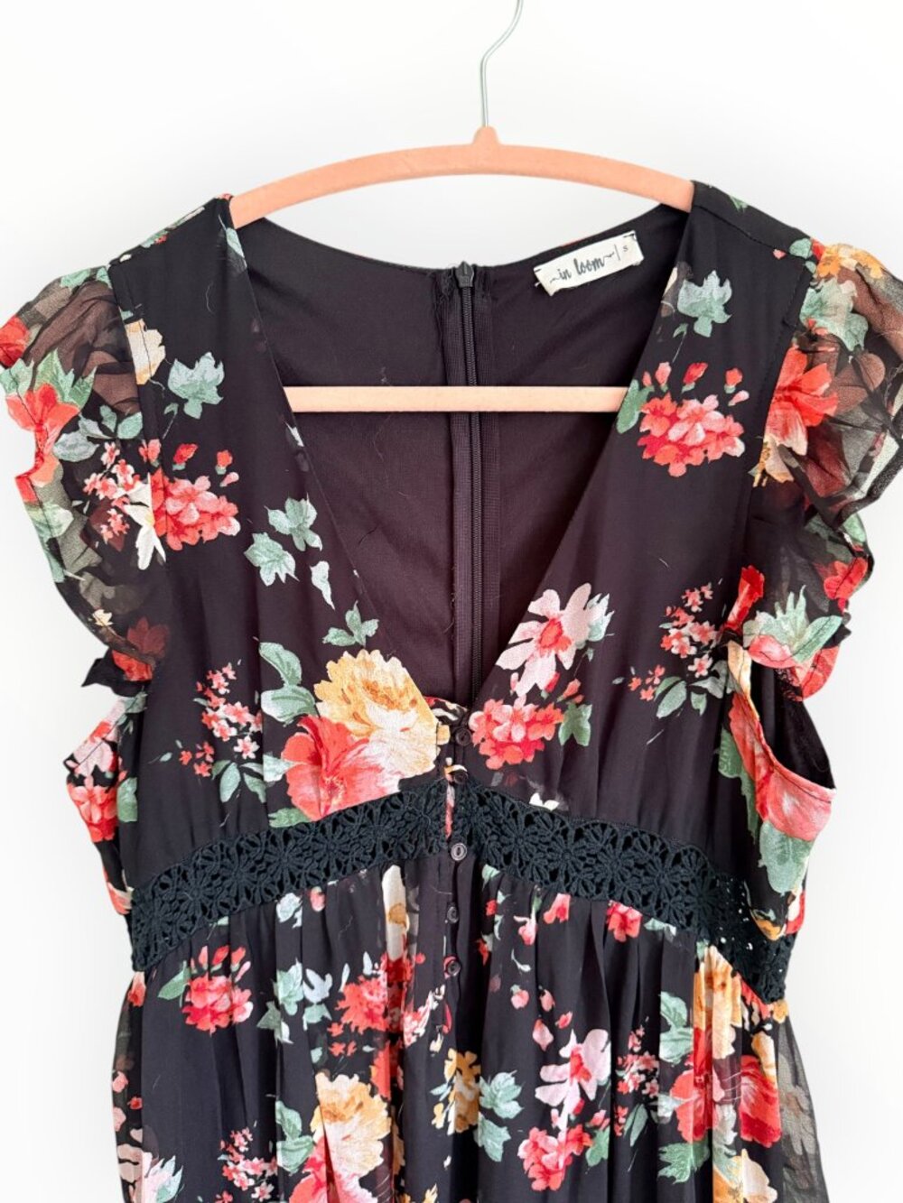 In Loom Black Floral Maxi Dress Small Boho Crochet Ruffle